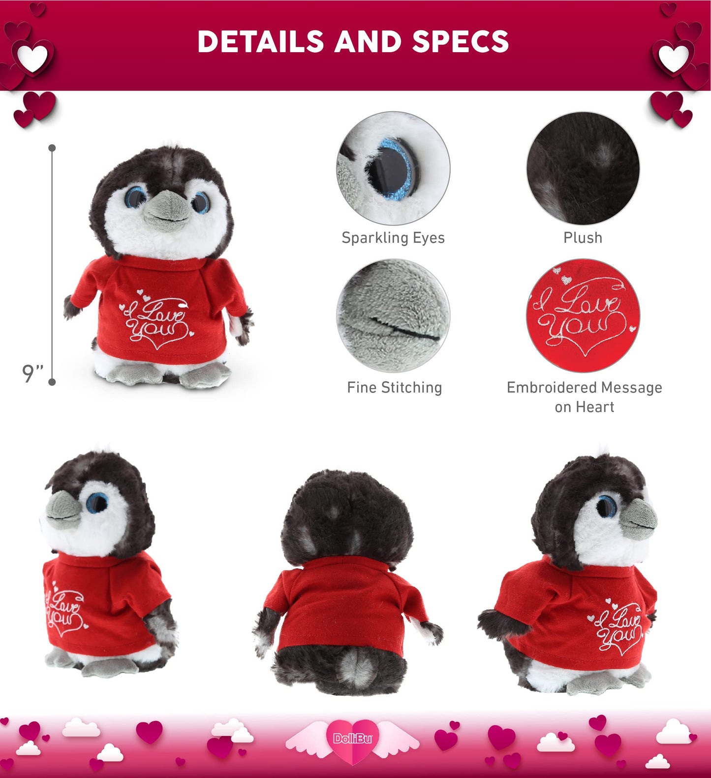 DolliBu I Love You Valentine Plush Grey Penguin - Cute Stuffed Animal with Red Shirt and Name Personalization Gift for Valentines Day  Birthday  Anniversary  Romantic Date - 9 Inches