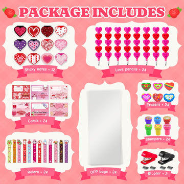 170 Pcs Valentines Day Gifts Classroom Supplies - Valentine Stationery Set with Heart Pencils, Notebooks, Rulers, Bookmarks, Tre