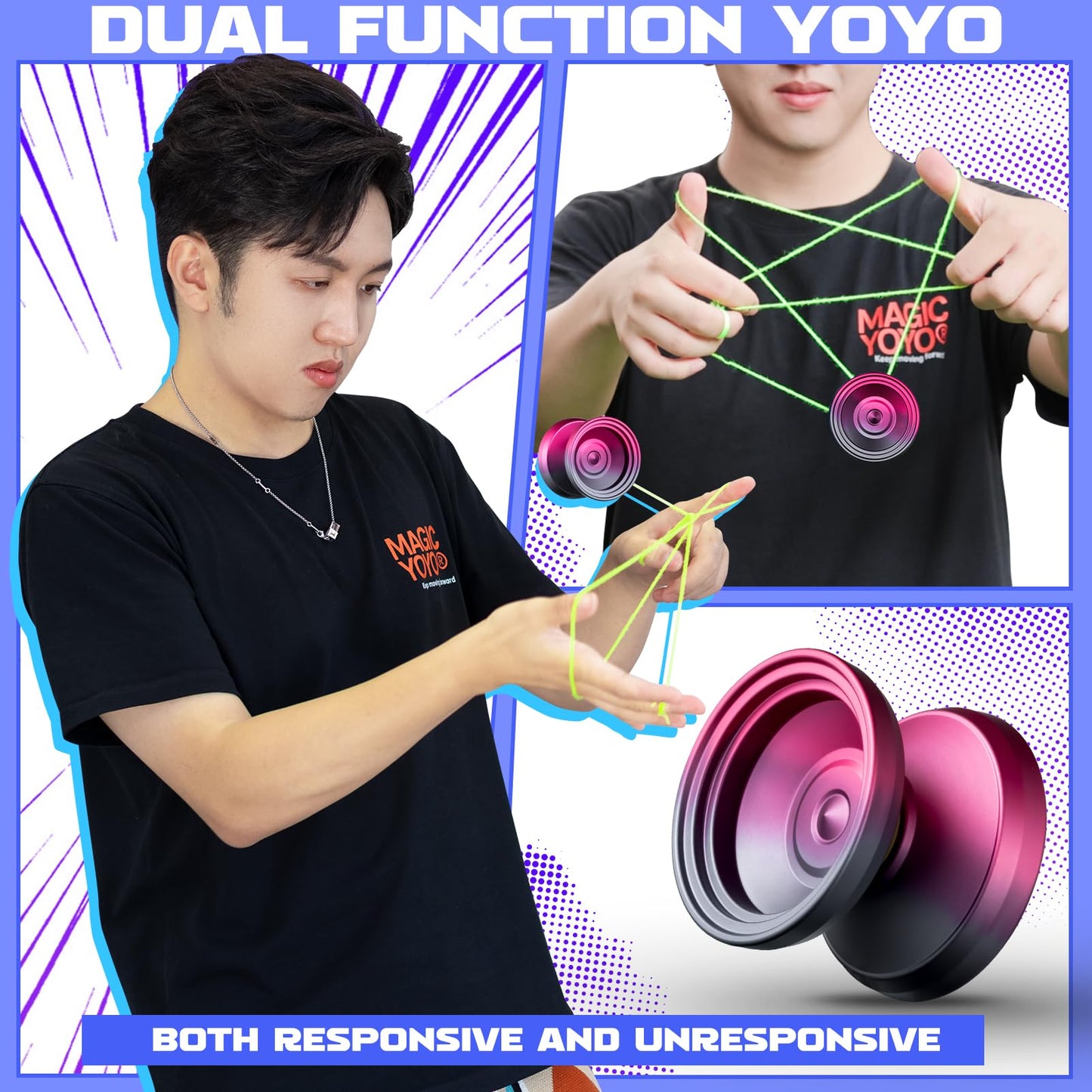 V8 Yoyo Professional Yoyo For Kids Beginners, Responsive Yo Yo Dual Purple Yo-Yo Replacement Unresponsive Yoyo Bearing For Adults + 12 Yoyo Strings, Yoyo Case Bag, Removal Tool (Grey Red)