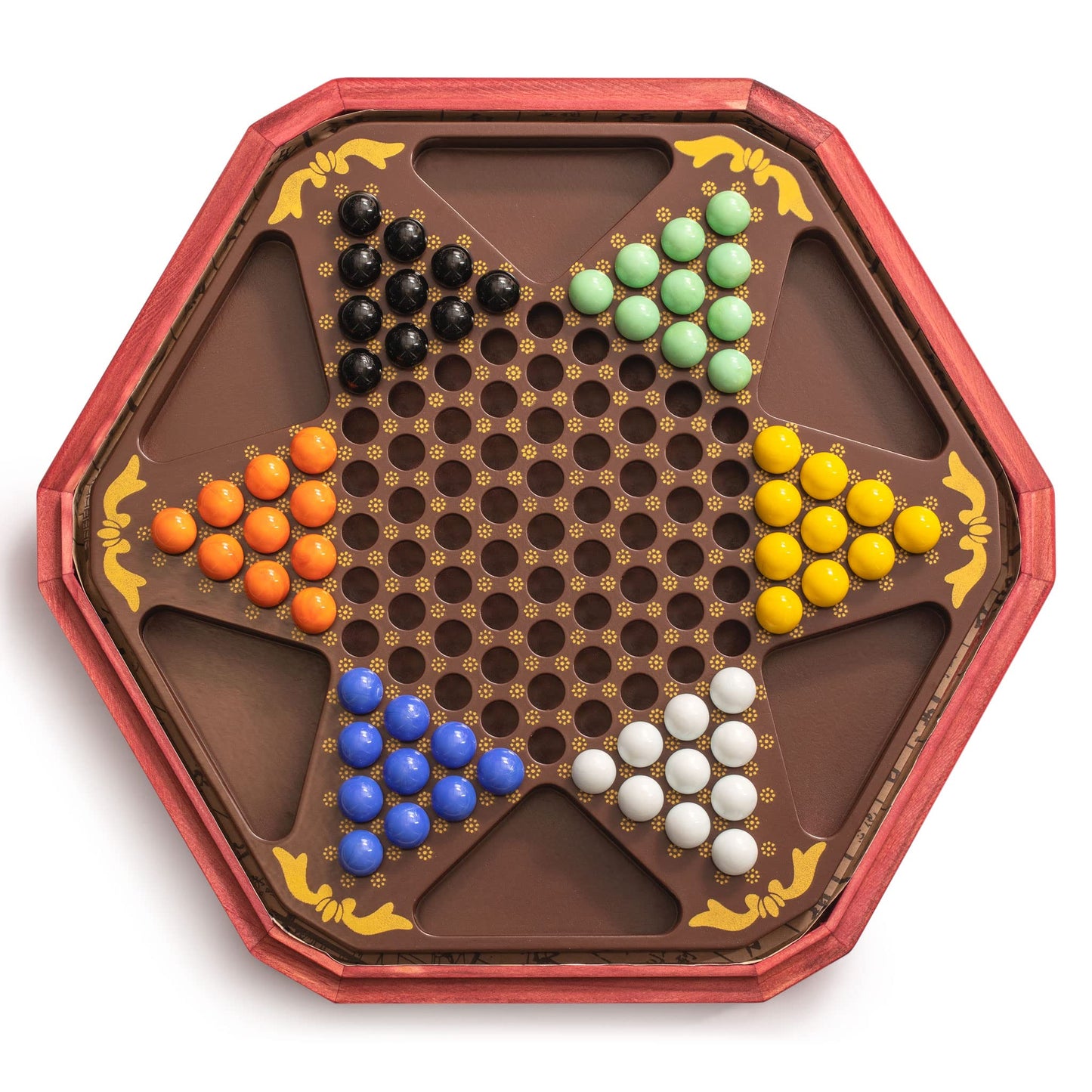 Yellow Mountain Imports Classic Chinese Checkers Halma Board Game Set With Storage, 12.6-Inch Wooden Board, And Solid Color 16-Millimeter Glass Marbles