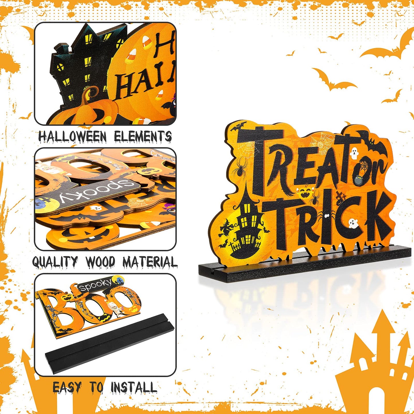 Blulu 4 Pcs Halloween Centerpieces for Tables Happy Indoor Table Decorations Pumpkin Table Centerpieces Wooden Boo Trick or Trea