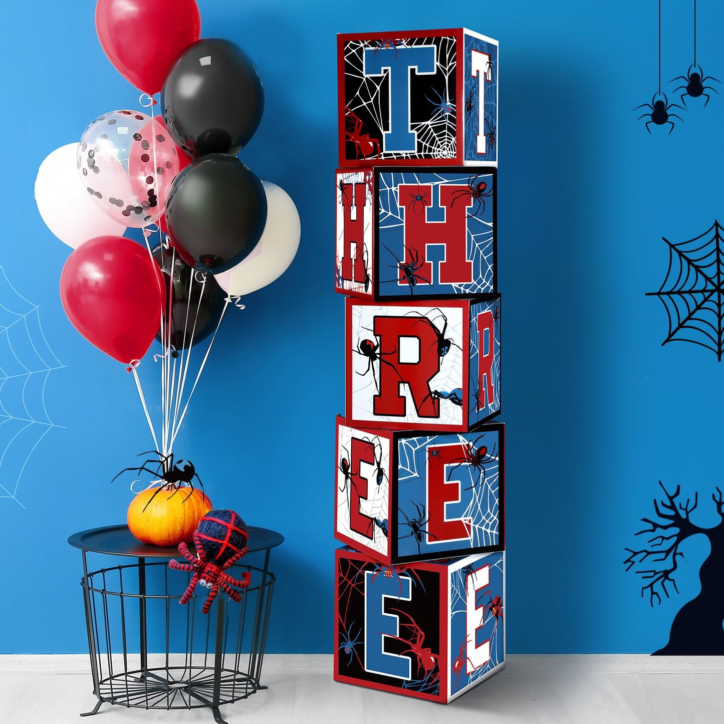 Feifeiya 5 Pcs Spider 3rd Birthday Decoration Spider Theme Balloon Boxes  three  Letter Box Blocks for Boy Three Years Old Birth