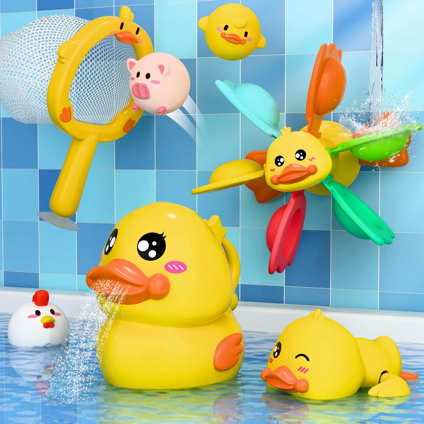 Iplay, Ilearn Baby Duck Bath Toy, Toddler Bathtub Suction Water Spinner Gear, Kid Shower Fishing Game W/ Net, Light Up Animal, Wind Up Swimming Duck, Birthday Gift 6 9 12 Month 1 2 3 Year Old Boy Girl