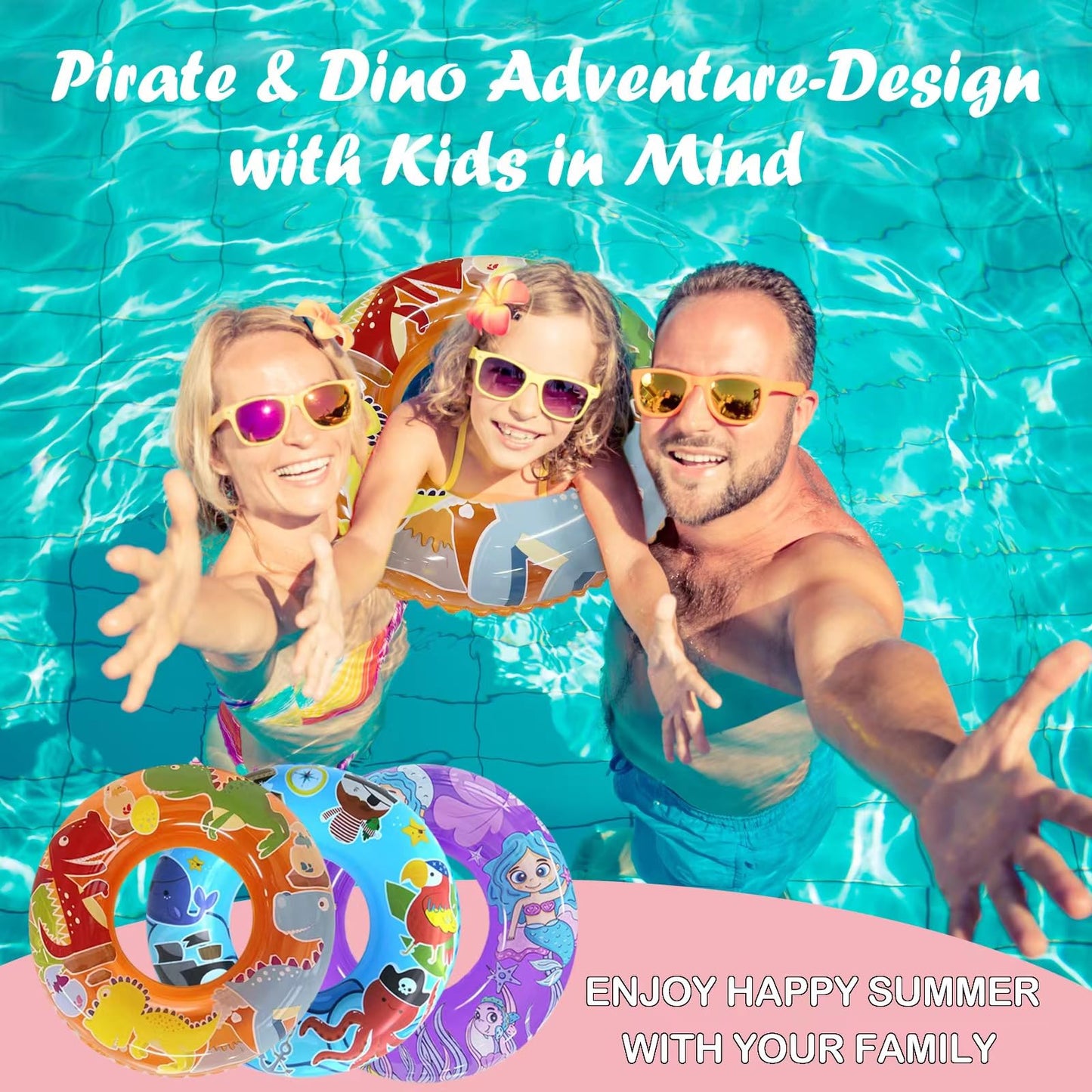 3-Pack Kids Pool Floats with Dinosaur/Pirate/Mermaid Design - Pool Toys for Toddler, 27.5 Inflatable Swim Rings, Inner Tube for