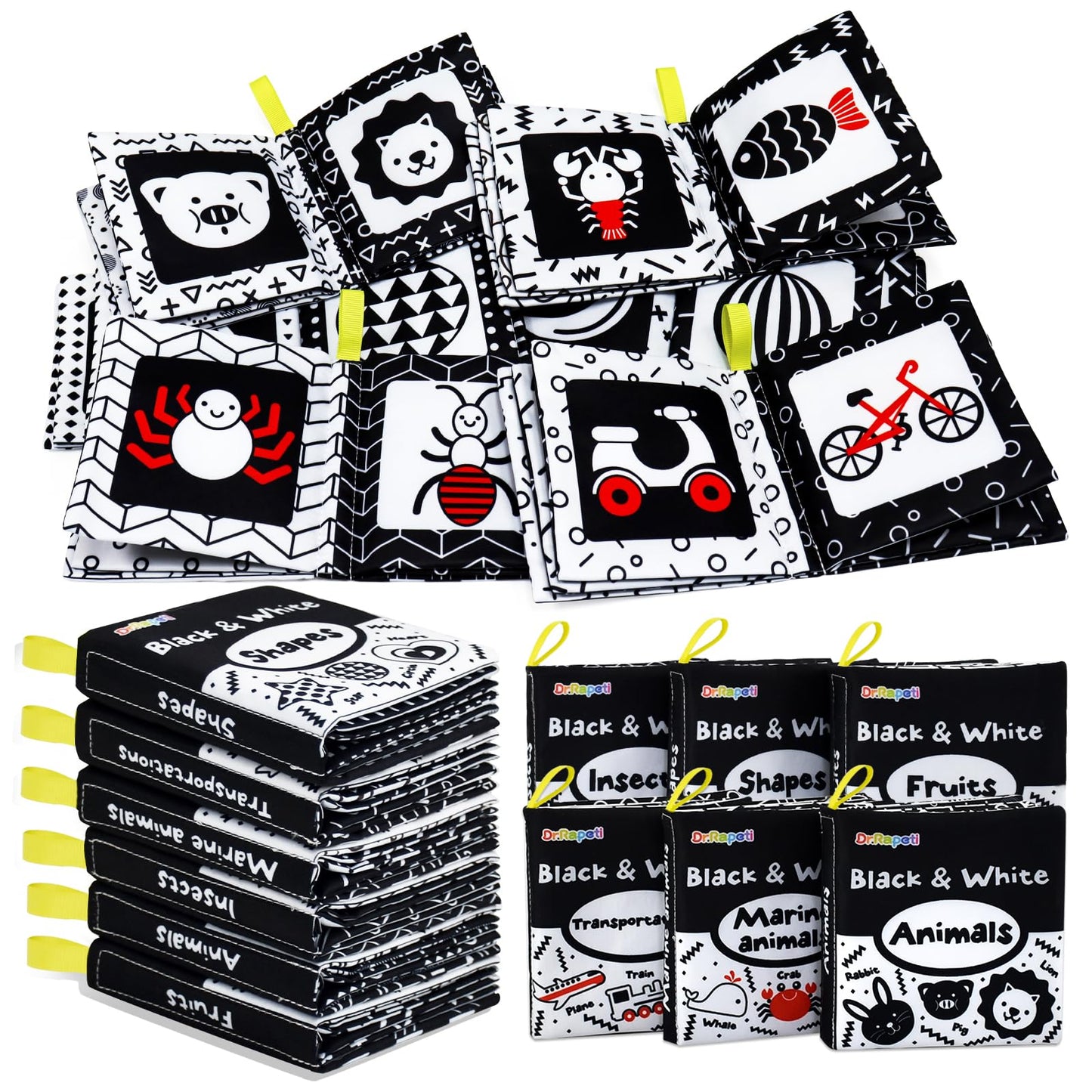 Dr.Rapeti Soft Cloth Books Baby Books Bath Books 6-Pack for Baby Infant Toddler Kids High Contrast Black and White Crinkle Washa
