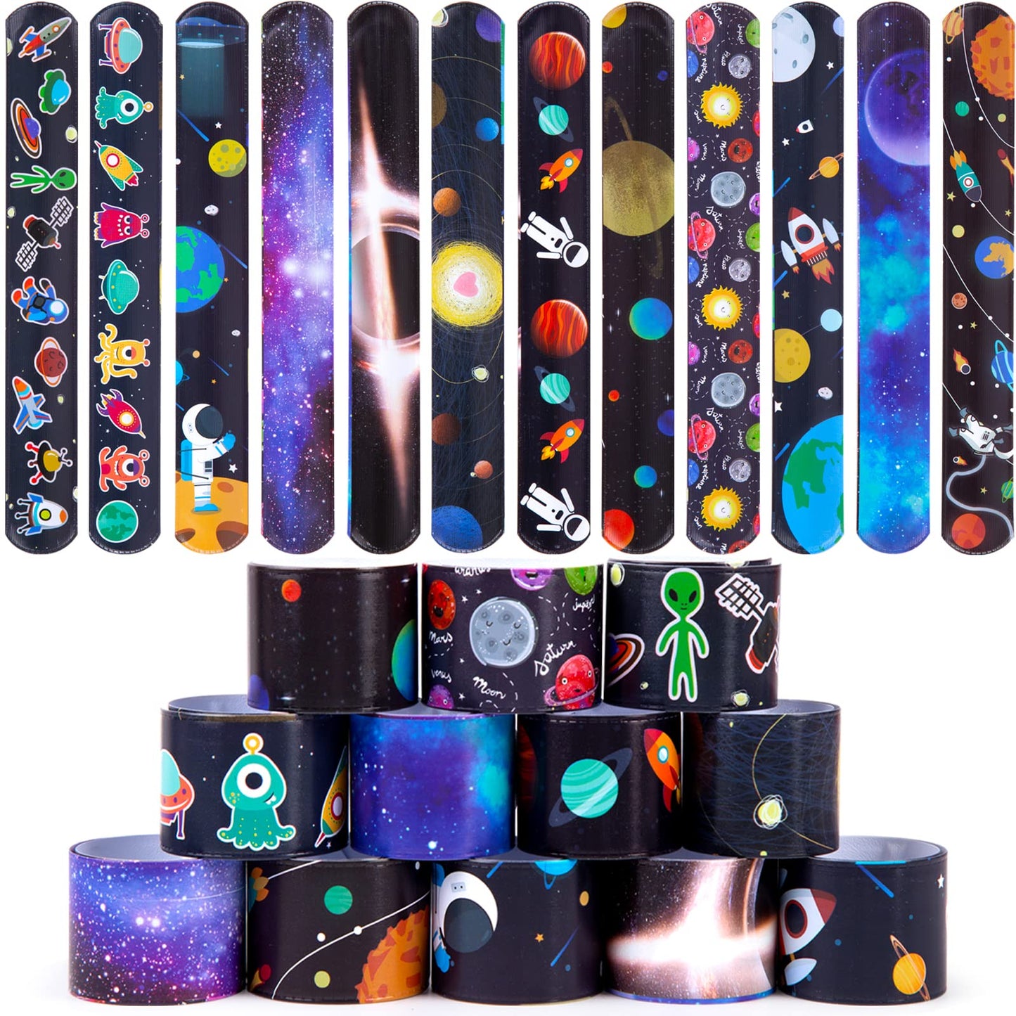 MCPINKY Slap Bracelets, 48PCS Kids Slap Wristbands with UFO Astronaut Space Stars Pattern Snap Bracelets for Valentine's Day Par