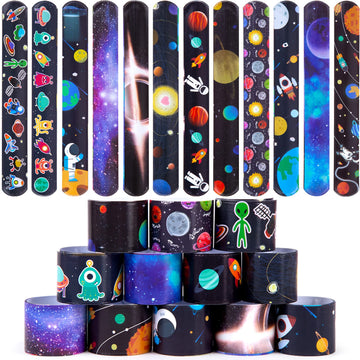 MCPINKY Slap Bracelets, 48PCS Kids Slap Wristbands with UFO Astronaut Space Stars Pattern Snap Bracelets for Valentine's Day Par