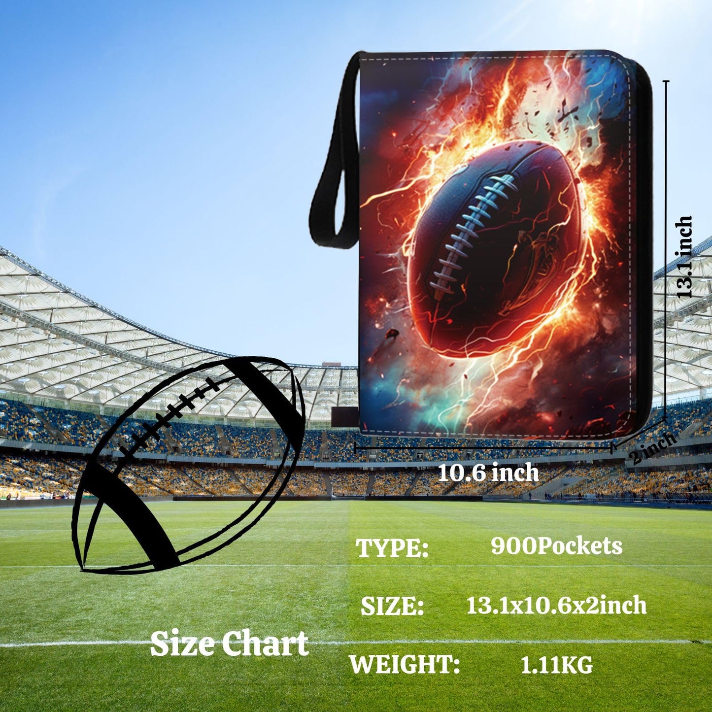 2025 Football Card Binder Trading Card Binder Holder 900 Pockets  Fits 900 Cards with 50 Removable Pages  Football Card Gifts Collector Album with Zipper Storage Display Case