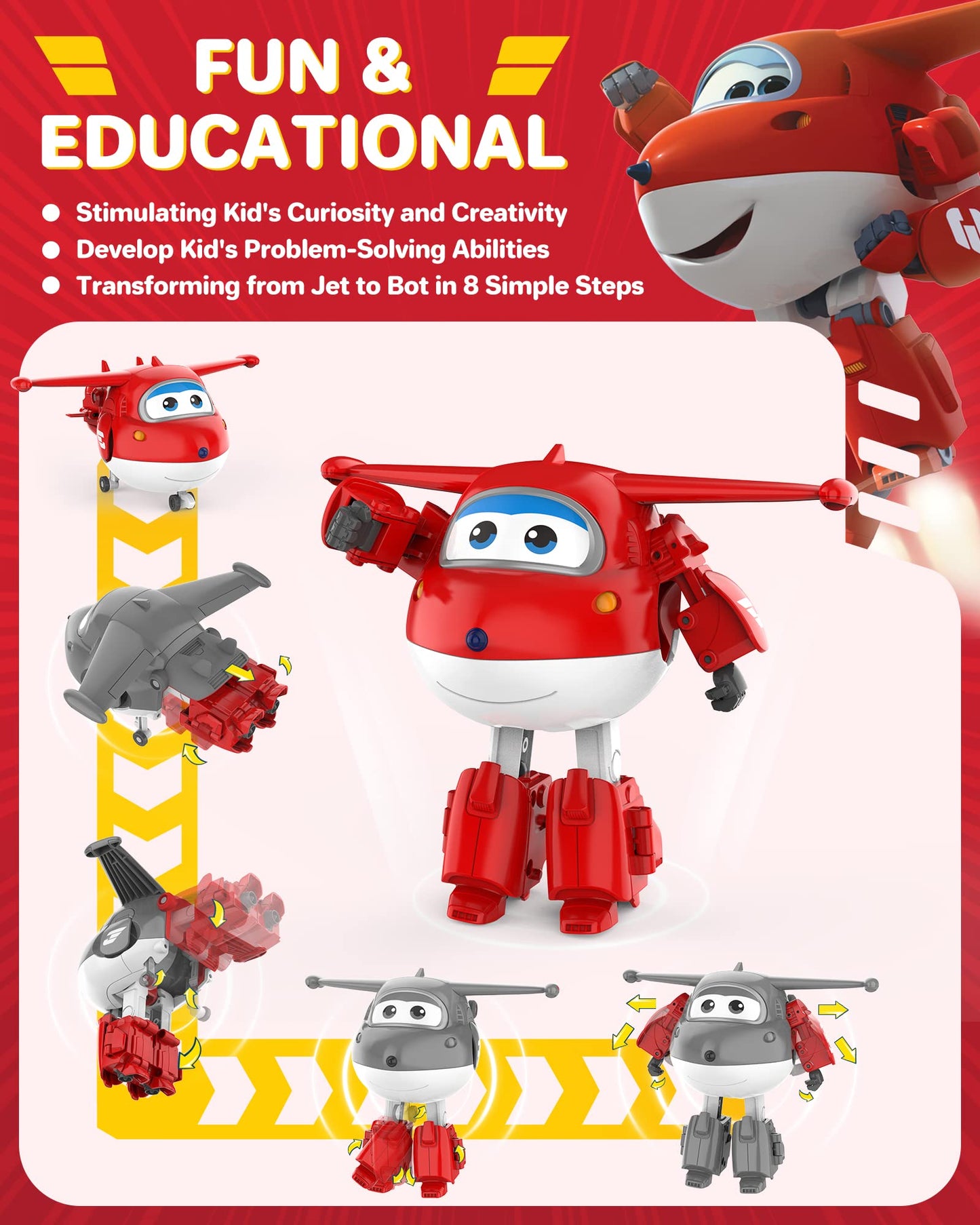 Super Wings Toys, Jett Transformer Toys 5 Inch, Airplane Toy For Kids 3-5 Years Old, Transforming From Toy Jet To Robot, Real Mobile Wheels, Birthday Party Supplies For Preschool Boys And Girls Red