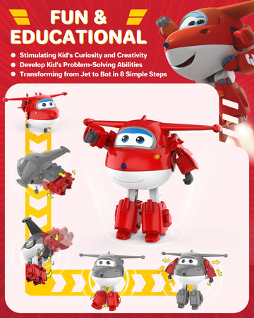Super Wings Toys, Jett Transformer Toys 5 Inch, Airplane Toy For Kids 3-5 Years Old, Transforming From Toy Jet To Robot, Real Mobile Wheels, Birthday Party Supplies For Preschool Boys And Girls Red