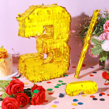 Sratte Number Piñata Birthday Piñata Decorations Gold Foil Piñata With Stick Blindfold Confetti For Boy Girl Birthday Party Decorations Anniversary Celebrations Fiesta Supplies(Number 3)