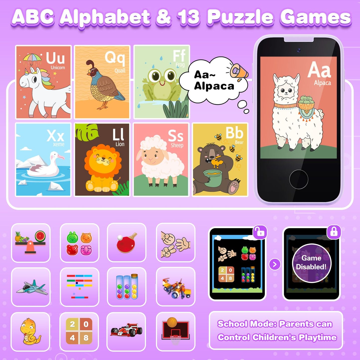 MOFGDNI Kids Phone Toy - Touchscreen Educational Device with Camera, MP3, Games, Purple, Model PH05 for Ages 3-8