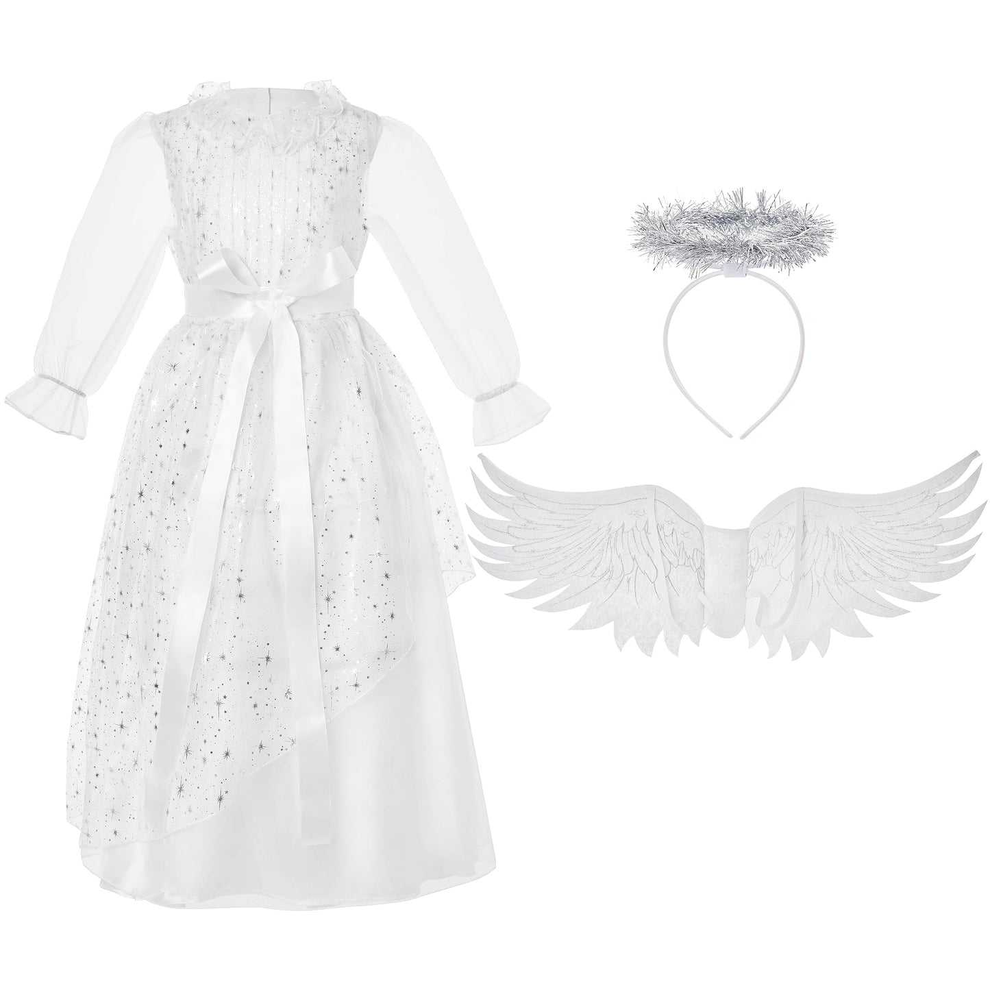 Spooktacular Creations Halloween Angel Costume Girls, Kids Princess Dress Toddlers Tulle Angel Set With Accessories For Halloween Role Play Parties, White, Small(5-7 Yrs)