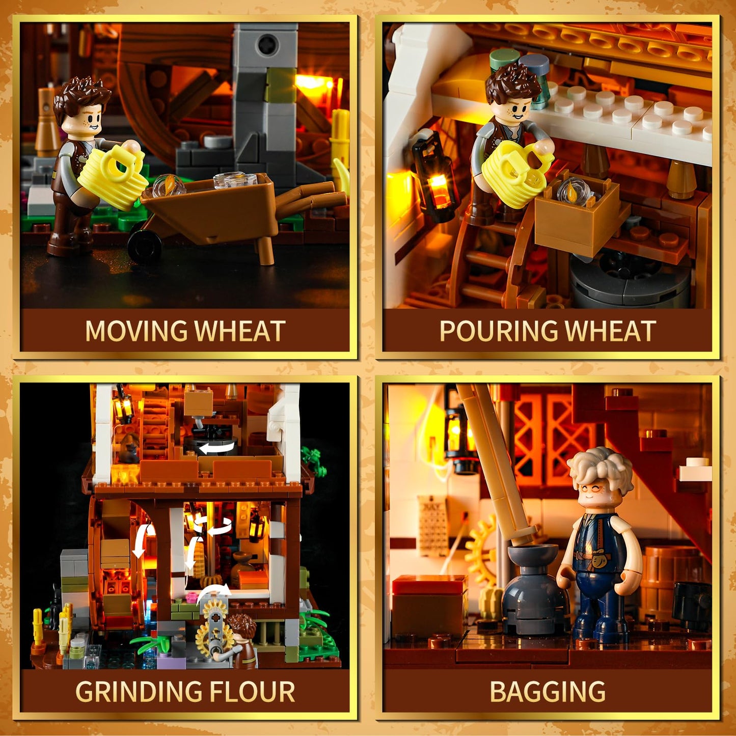 Funwhole Medieval Water-Mill Lighting Building-Bricks Set - Middle Age Milling House Collection Led Light Building Construction