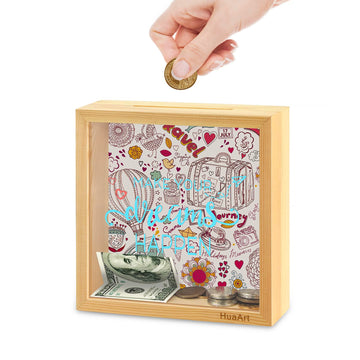 Piggy Banks For Adults, Wooden Money Coin Bank For Boys And Girls, Coin Bank Money Bank, Sized 6.5X6.5X2.2 Inch, Natural Wood Money Box, Printed On The Plexiglass Front-Make Your Dreams Happen.