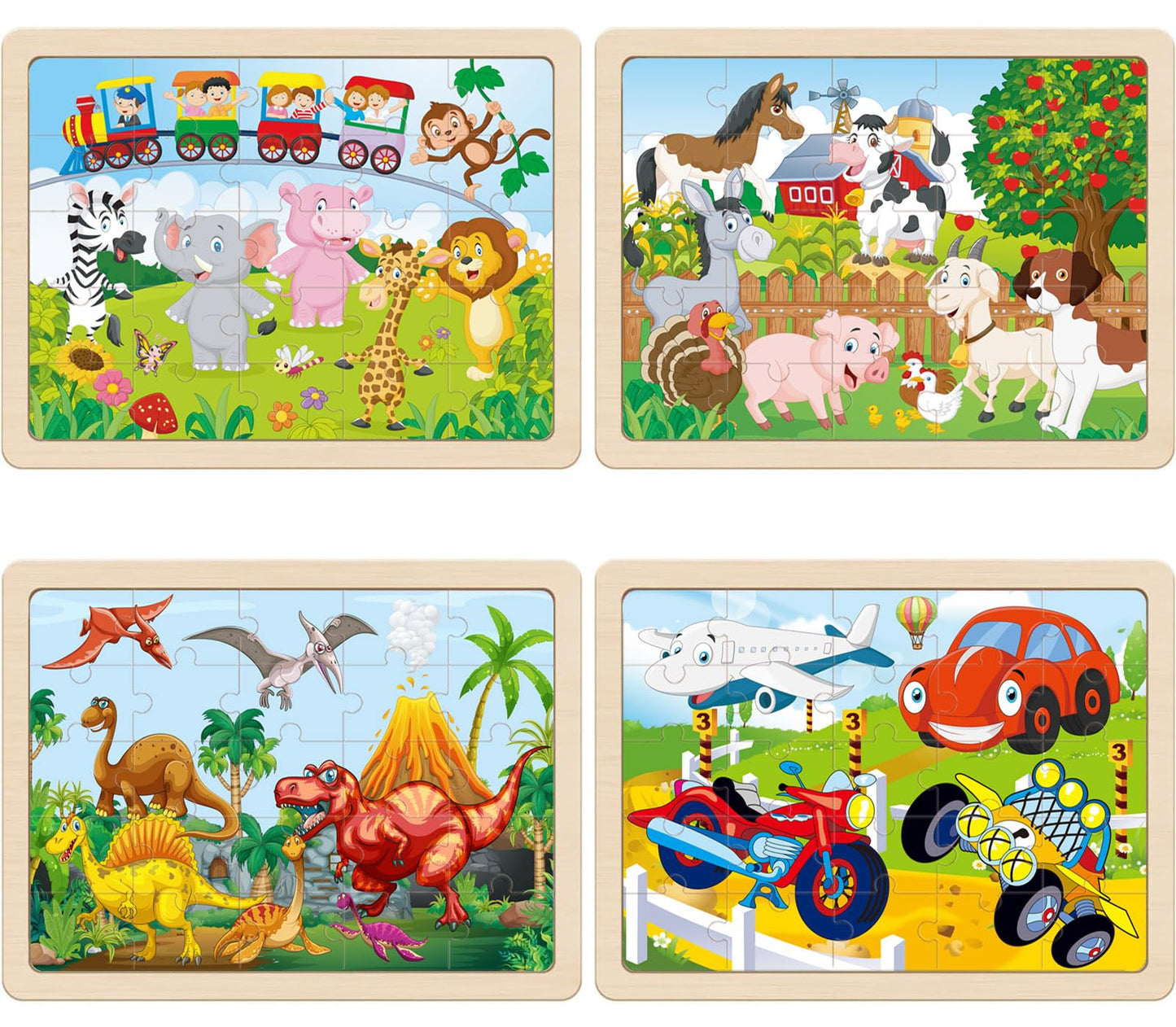 Wooden Puzzles For Kids Ages 4-6, 4 Pcs 24 Animals Cars Farm Dinosaur World Jigsaw Puzzles, Preschool Educational Brain Teaser T