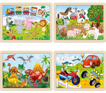 Wooden Puzzles For Kids Ages 4-6, 4 Pcs 24 Animals Cars Farm Dinosaur World Jigsaw Puzzles, Preschool Educational Brain Teaser T