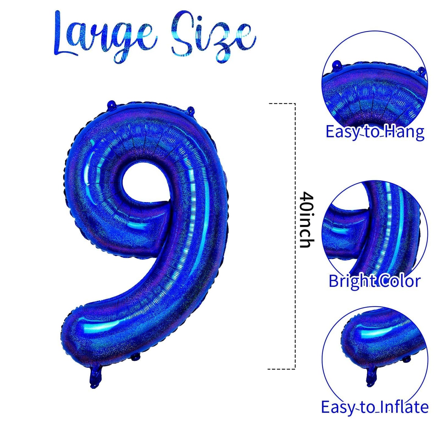 Number 9 Balloon 40 Inch, Dark Blue Big Number Balloon, Giant Foil 9 Balloons Number, Helium 9Th Birthday Balloons For Kids Boys