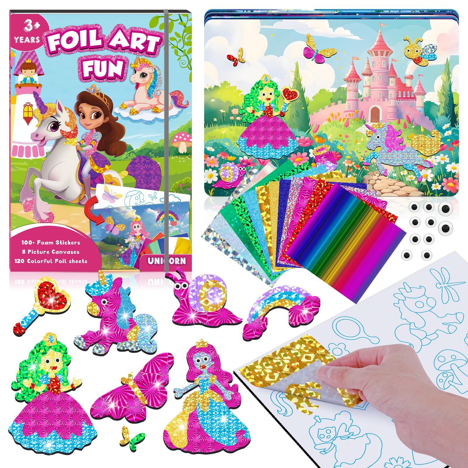 homicozy Art & Craft Activity for Kids-Foil Fun Unicorn & Princesses,No Mess Art Crafts for Girls,DIY Foil Foam Stickers,Creativ