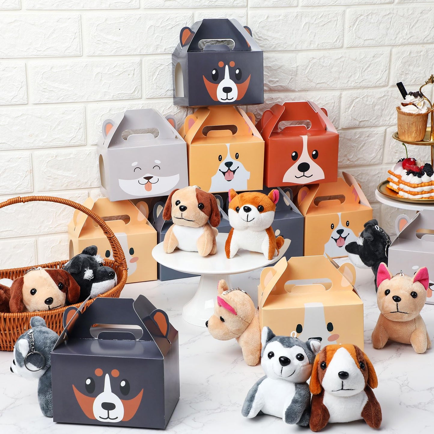 Fainne 12 Pcs Dog Party Favors Boxes with 12 Pcs Mini Plush Dog Set Adopt a Puppy Party Favors Treat Boxes Foldable Gift Puppy T