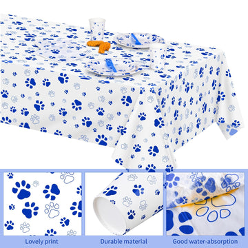 Durony 121 Pieces Blue Paw Print Party Supplies Dog Birthday Tablecloth, Plates, Napkins, Forks And Paper Cups Decorations For P