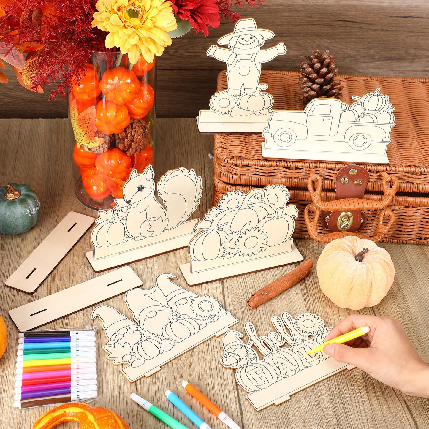 Yousoontic 24 Pcs Wooden Fall Crafts Color Your Own Autumn Table Signs Decorations DIY Hello Fall Gnomes Pumpkin Truck Scarecrow