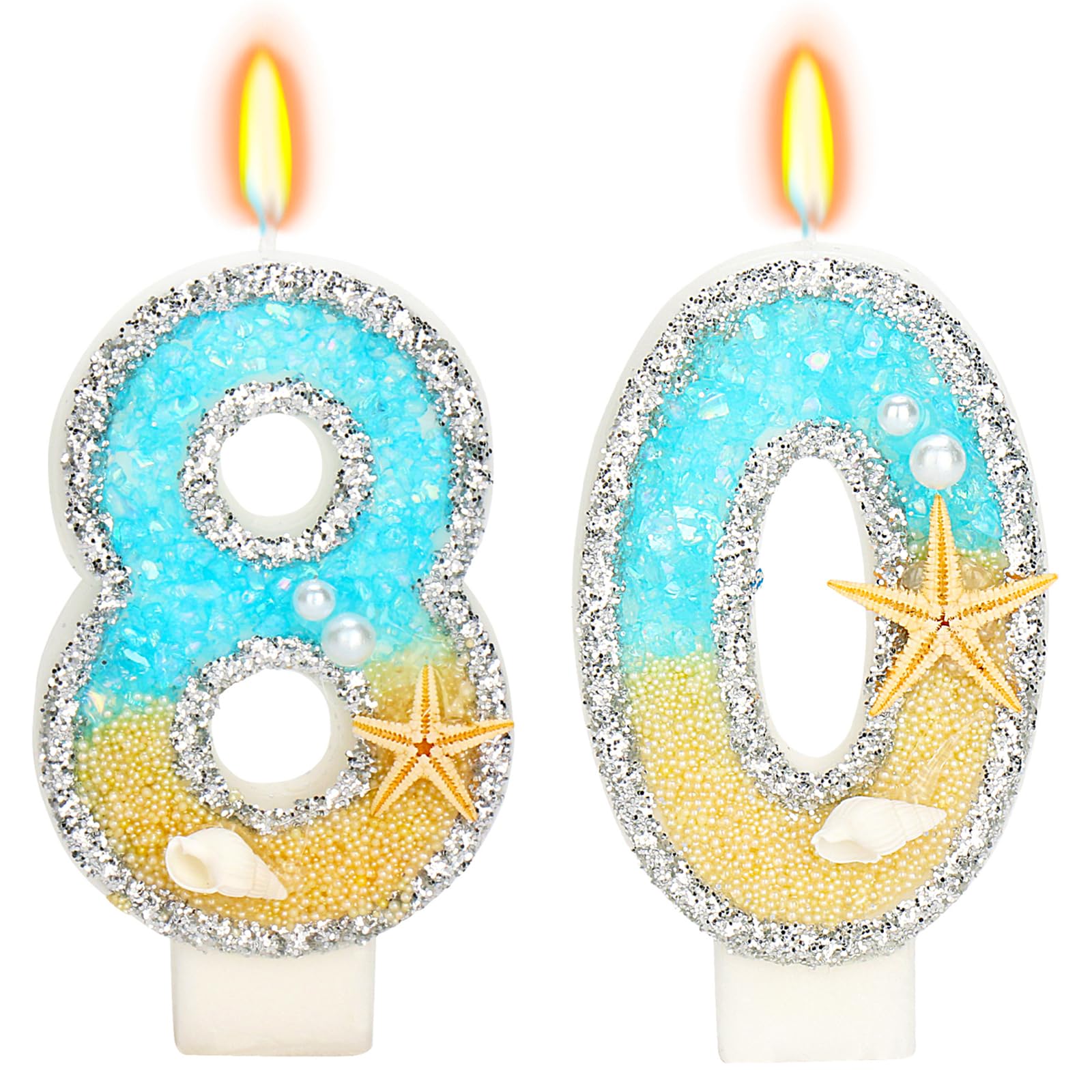 ElekFX 80th Birthday Candle for Cake, Beach Starfish Sequins Number Cake Candles, 2.76 inch Happy Birthday Candle, Cake Topper D
