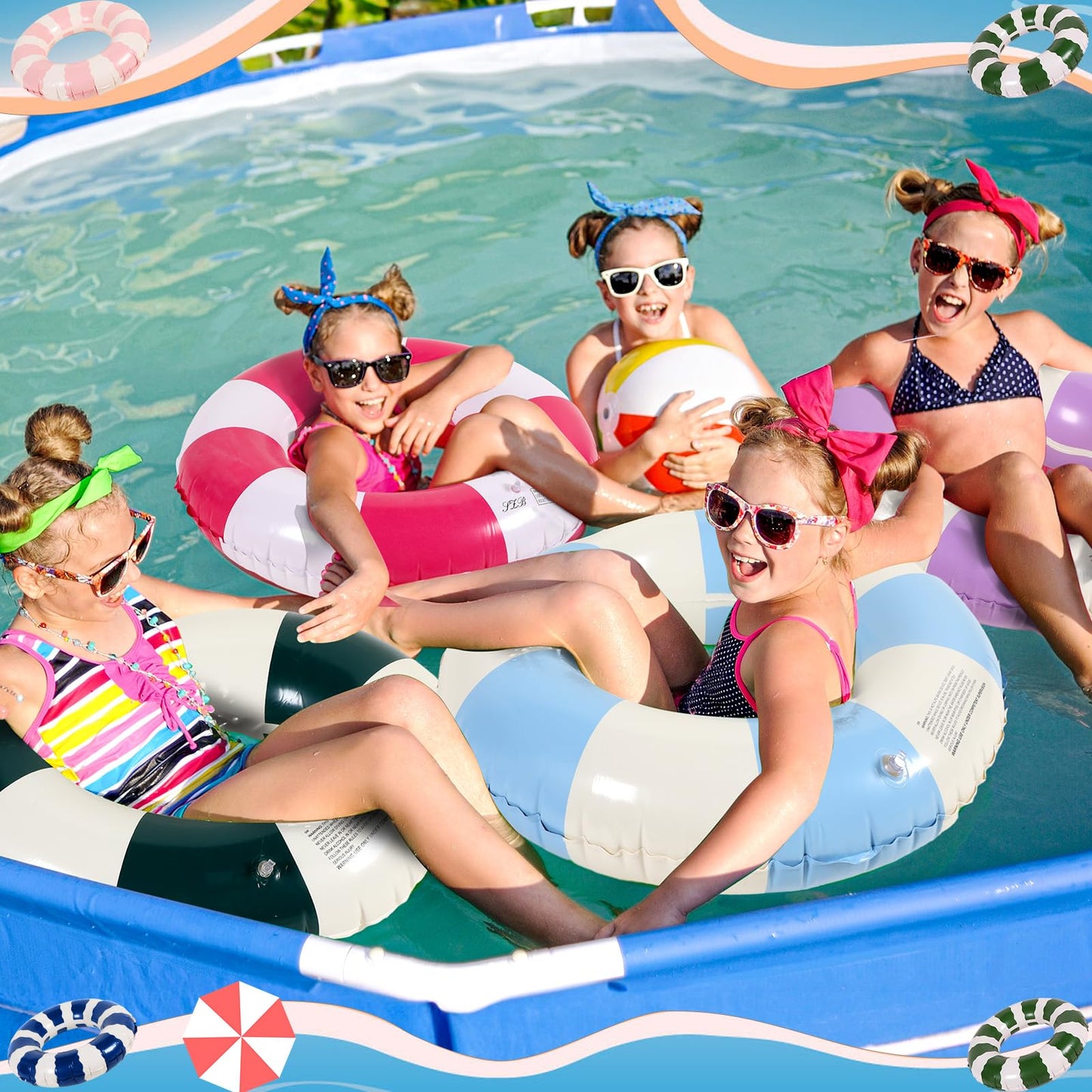 Libima 6 Pcs Classic Striped Inflatable Pool Floats Colorful Swimming Ring Pool Float Tubes Beach Swimming Toys for mature-themed Teen Kids(29.5 in)