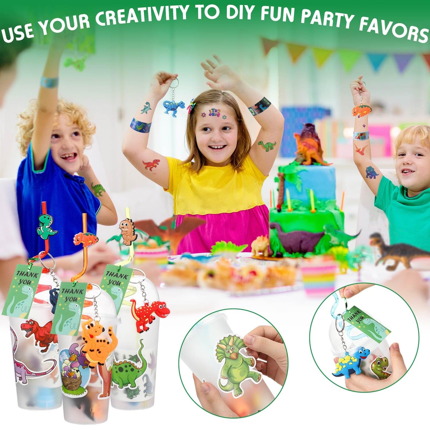 Qilery 195 Pcs Mermaid Party Unicorn Party Dinosaur Party Shark Party Favors Includes Plastic Cup with Lid Straw Keychain Bracel