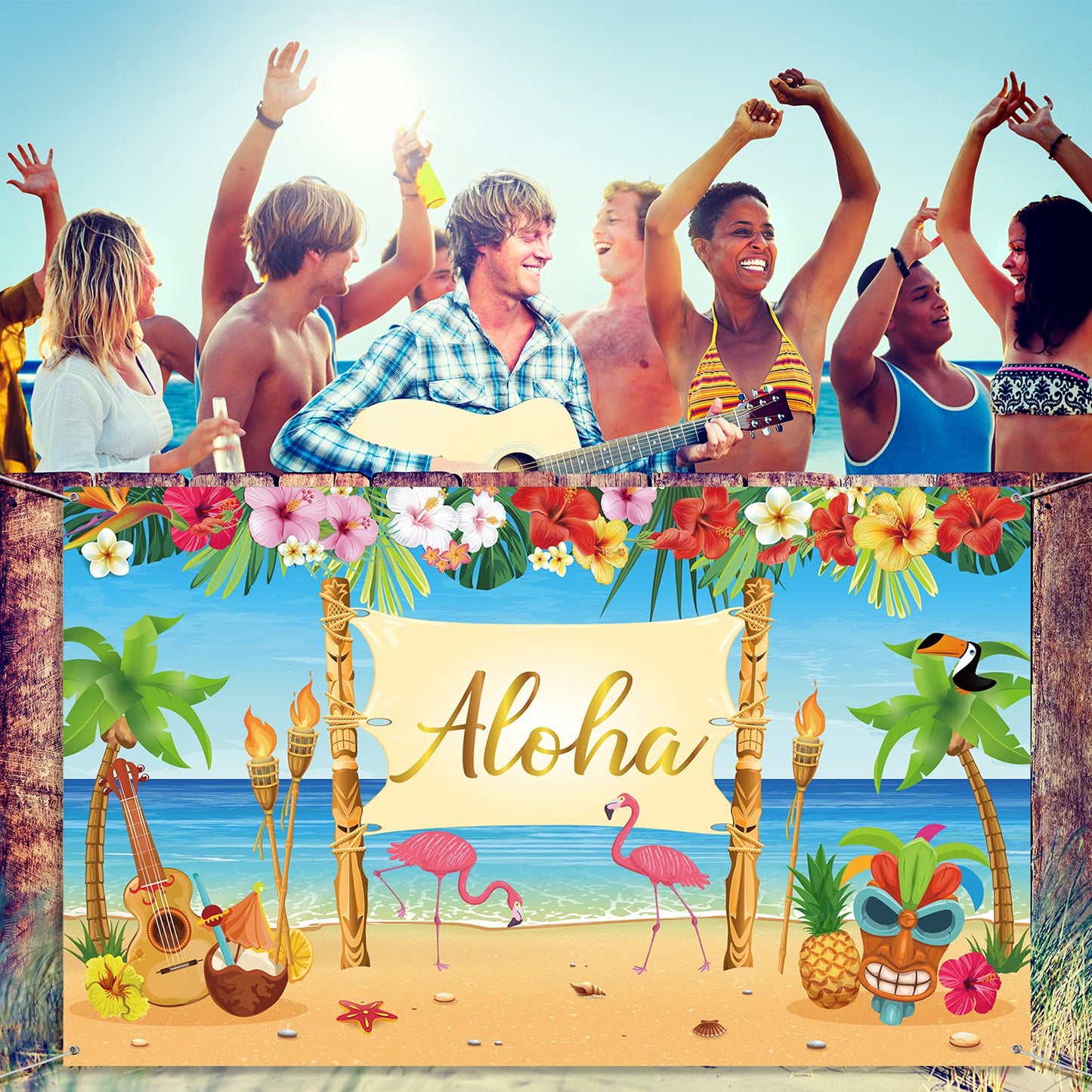 Hawaiian Aloha Party Decoration, Extra Large Summer Luau Beach Party Banner Backdrop Background Photography for Birthday Musical