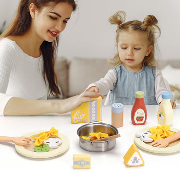 Pillowhale Pasta Food Toys, Wooden Play Kitchen Food , Play Food with Pots and Pans Playset, Kids Pretend Play Kitchen Accessori