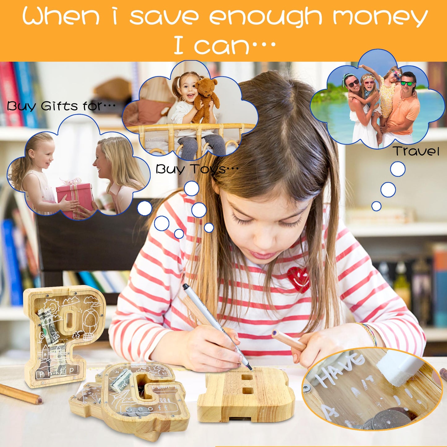 Weallbuy Piggy Bank For Kids Boys Girls Wooden Letter Piggy Bank A-Z Personalized Piggy Bank Clear Coin Bank For Kids With Stick