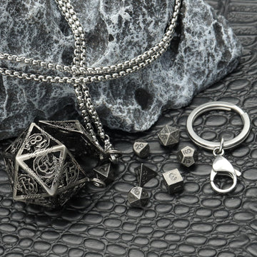 PJOY Mini Dice Set Tiny DND Dice with Hollow D20 Cage D&D Portable 7PCS Keychain Mini Metal Dice Set for Role Playing Dice Games