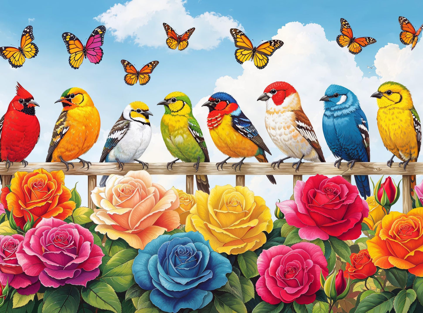 Cross & Glory - Birds And Blossoms - 1000 Piece Jigsaw Puzzle For Adults | Colorful Rose Garden Gala With Vibrant Birds & Roses