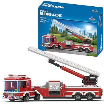 Apostrophe Games Fire Truck Building Block Set - 294 Pieces, Plastic, Red, Extended Ladder Firefighter Model