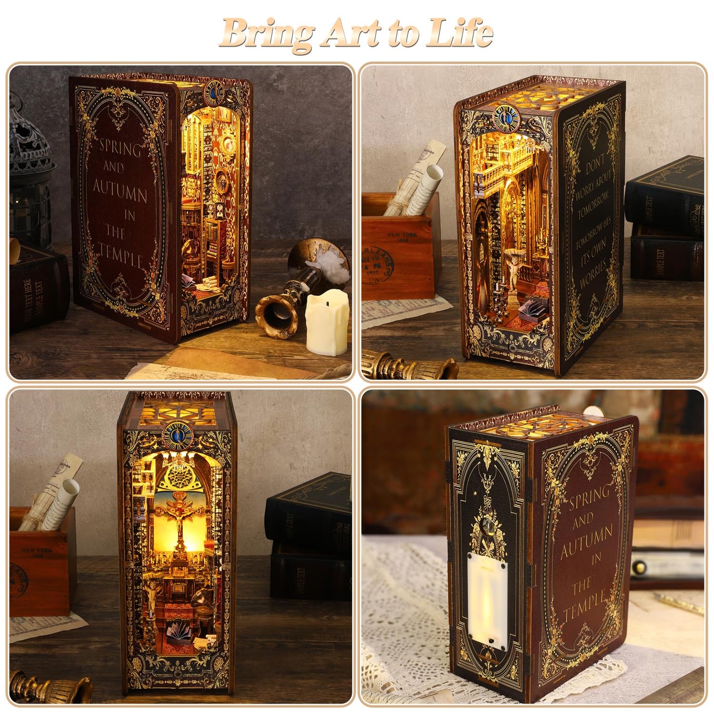 Spobot Book Nook Kit Diy Bookshelf Decor Kit With Led Light 3D Booknook Wooden Puzzle Bookend Stand Miniature Dollhouse Kit Gift
