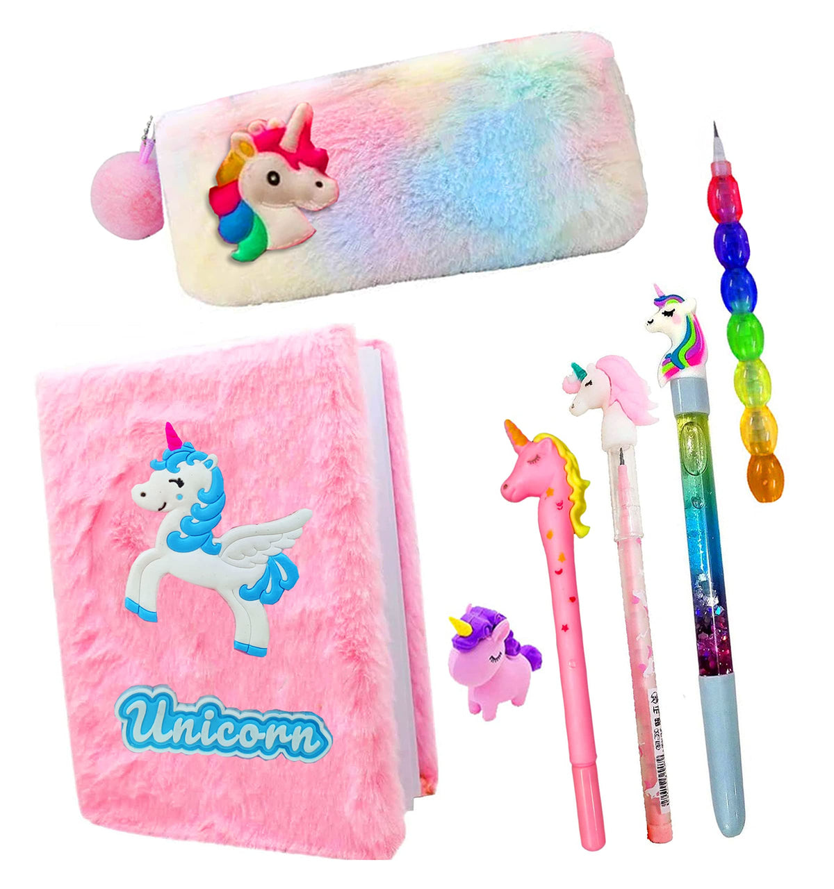 Neel Unicorn Stationery Set: 7Pcs School Supplies For Girls  Unicorn Fur Diary, Pencil Case, Pens, Pencils, Eraser Set