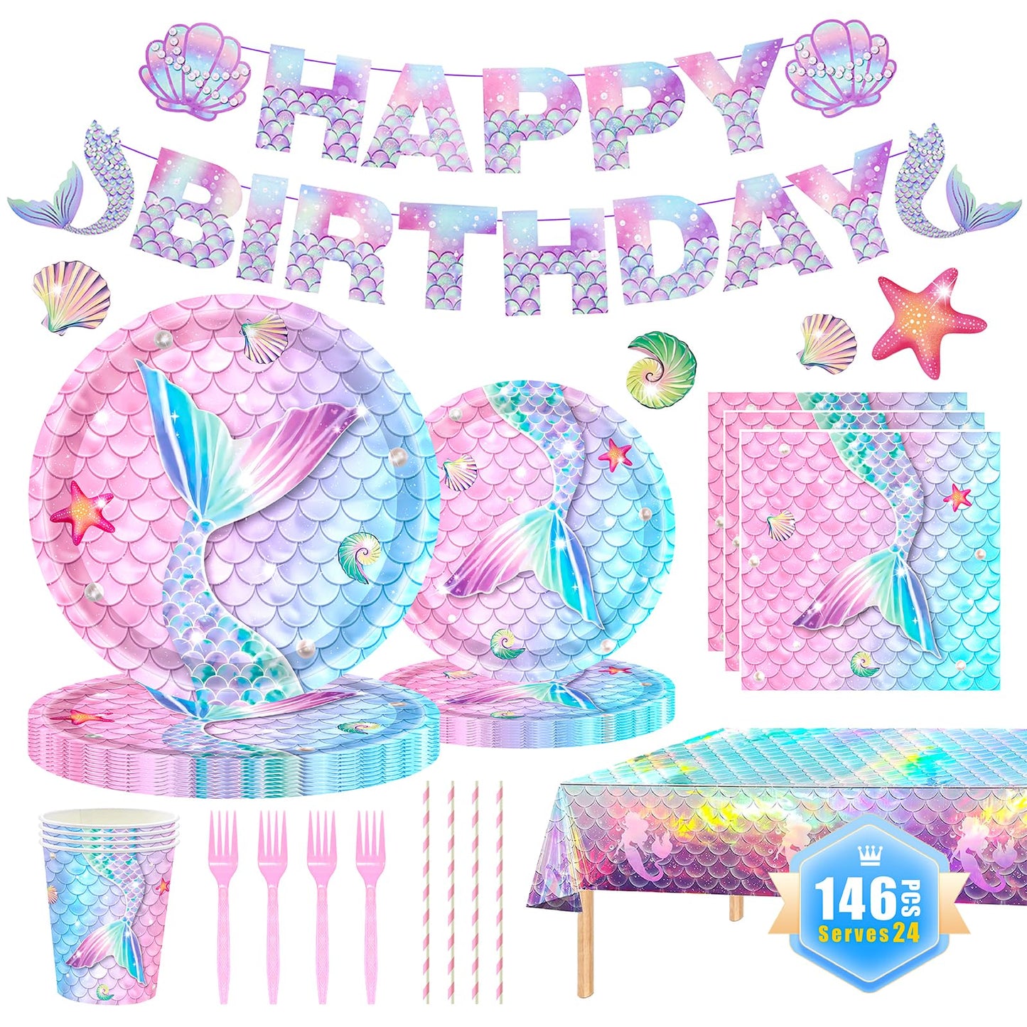 146Pcs Mermaid Plates and Napkins Mermaid Party Supplies Includes Plates, Napkin, Fork, Cup, Straw, Tablecloth, Banner for Baby 