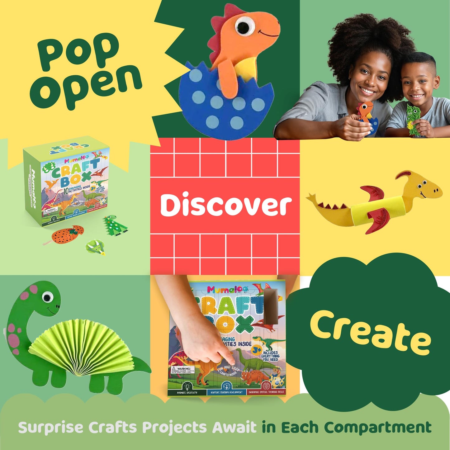 Mumaloo Dinosaur Craft Box - 10 Creative Arts and Crafts for Kids Ages 4-8, Fun, No Mess, Educational, Toddler, Preschool & Home