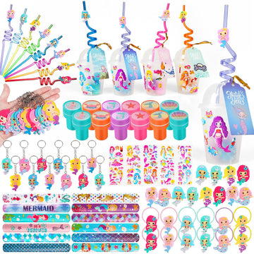 MOVINPE Mermaid Party Favors Personalize Goody Cups with Gift Tags, Filled with Mermaid Themed Reusable Straws Stampers Slap Bra