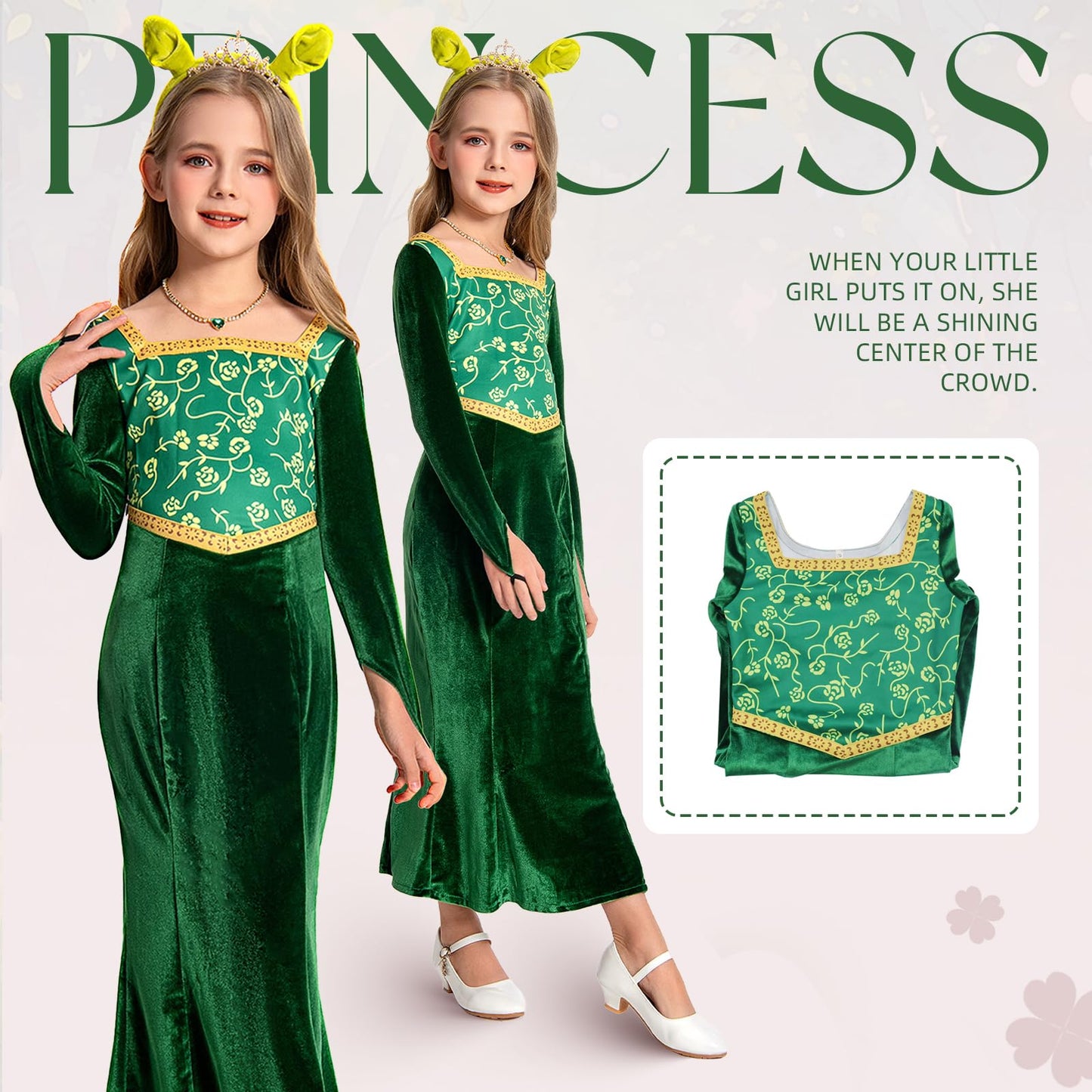 Ubaywey Girls Princess Costume Green Dress Gown Halloween Cosplay Costume Long Sleeve Dress(Medium 120)