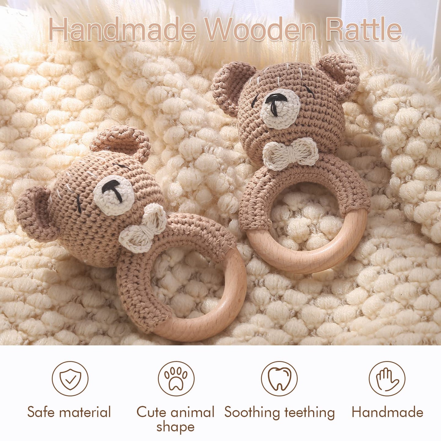 Wooden Baby Rattle Crochet Bunny and Lion Baby Toys Handmade Newborn Toy Early Development Grips Stuffed Animal Organic Rattle (