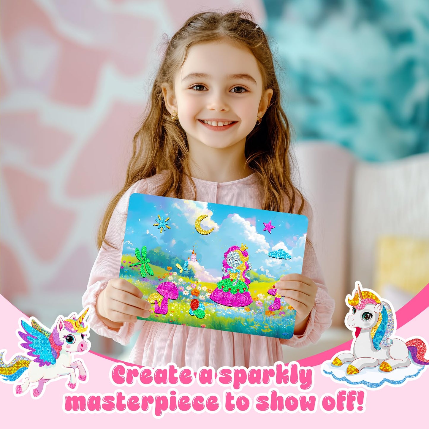 homicozy Art & Craft Activity for Kids-Foil Fun Unicorn & Princesses,No Mess Art Crafts for Girls,DIY Foil Foam Stickers,Creativ
