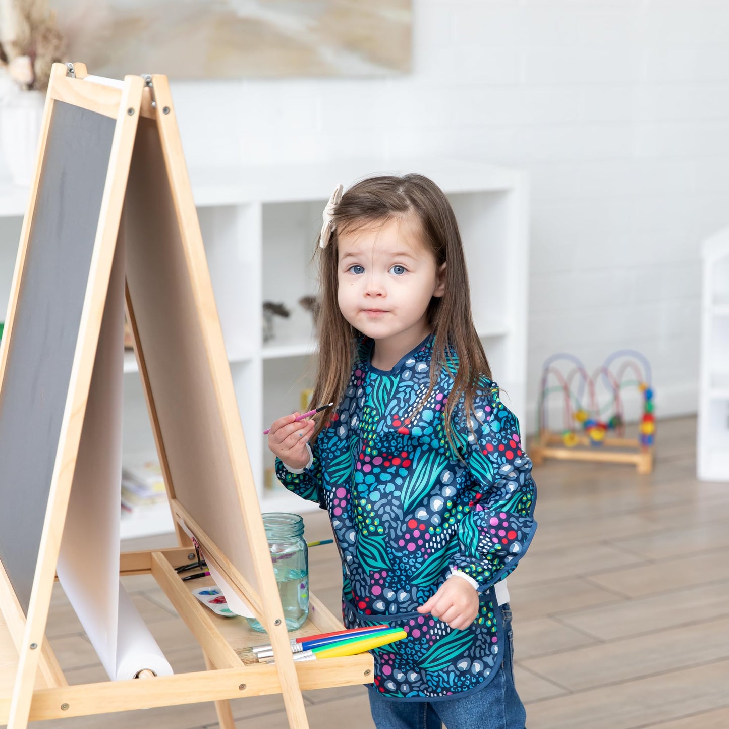 Bumkins Sleeved Smock, Toddler Reusable Waterproof Bib For Girls And Boys Ages 3-5 Years, Long Sleeve Childrens, Kids Paint Apron, Arts, Crafts And Play With Pocket, Soft Fabric, Jungle Blue