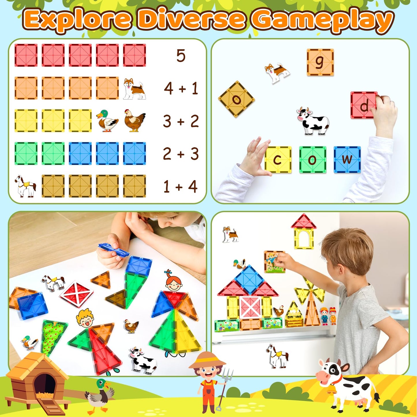 Magnetic Tiles Toys With Farm Animals For 3+ Year Old Toddler, Magnetic Blocks Building Toys For Kids Ages 3-5 5-7 Girls Boys, C