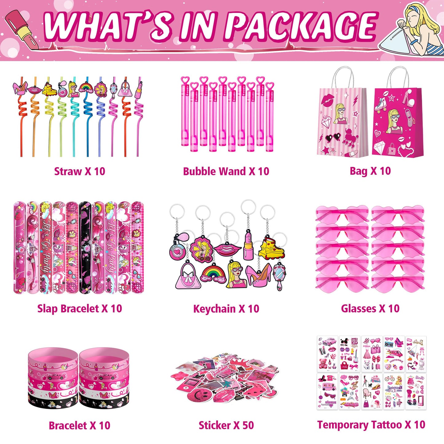 KULUJIA 120 pcs Pink Party Favors Princess Birthday Supplies Girl Kid Toy Gift Goodie Bag Stuffer Filler Makeup Party Decoration