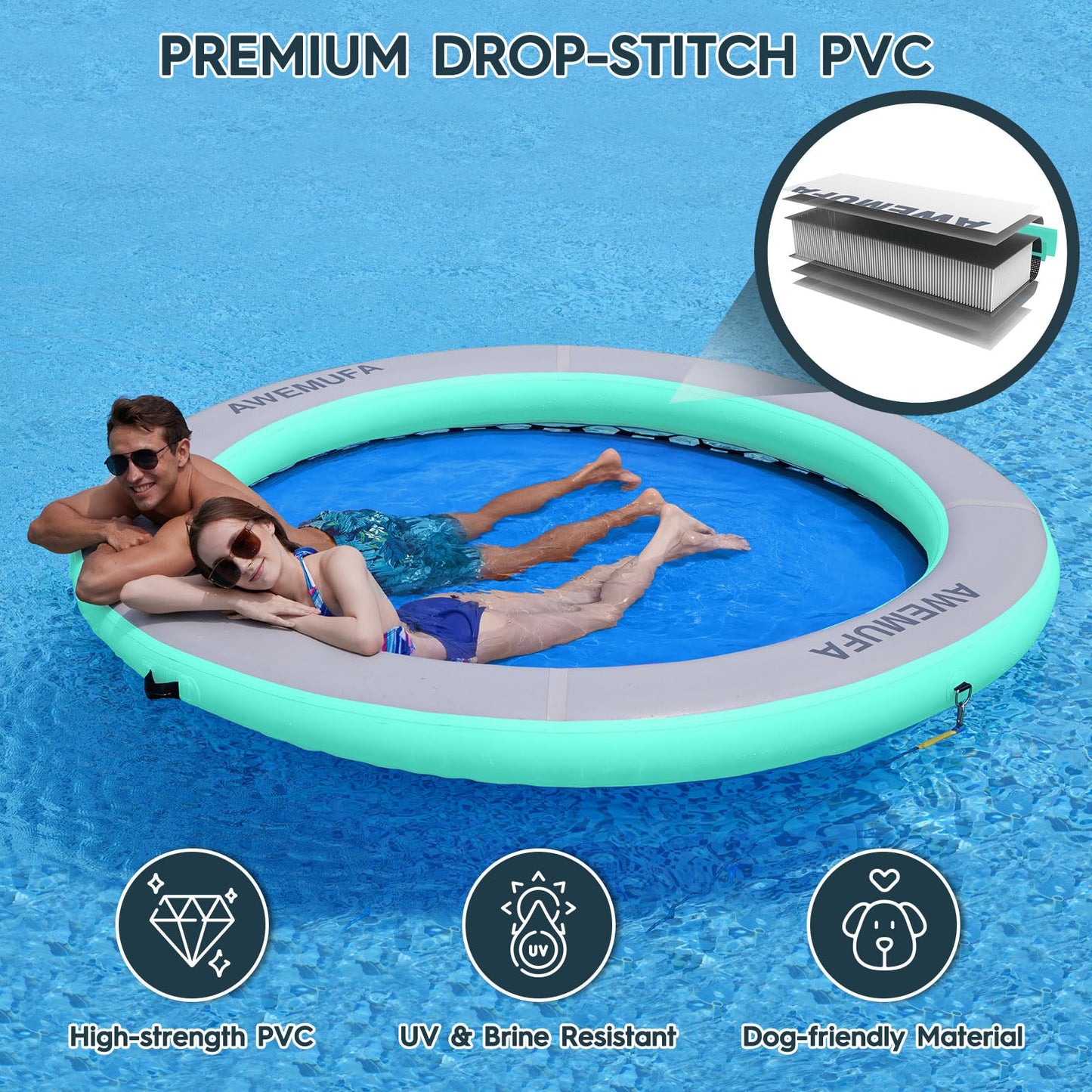 Awemufa 8Ft Floating Ring Lake Raft For Adults 8 Inch Thickness Inflatable Water Hammock Multi-Person Party Water Toys Round Min