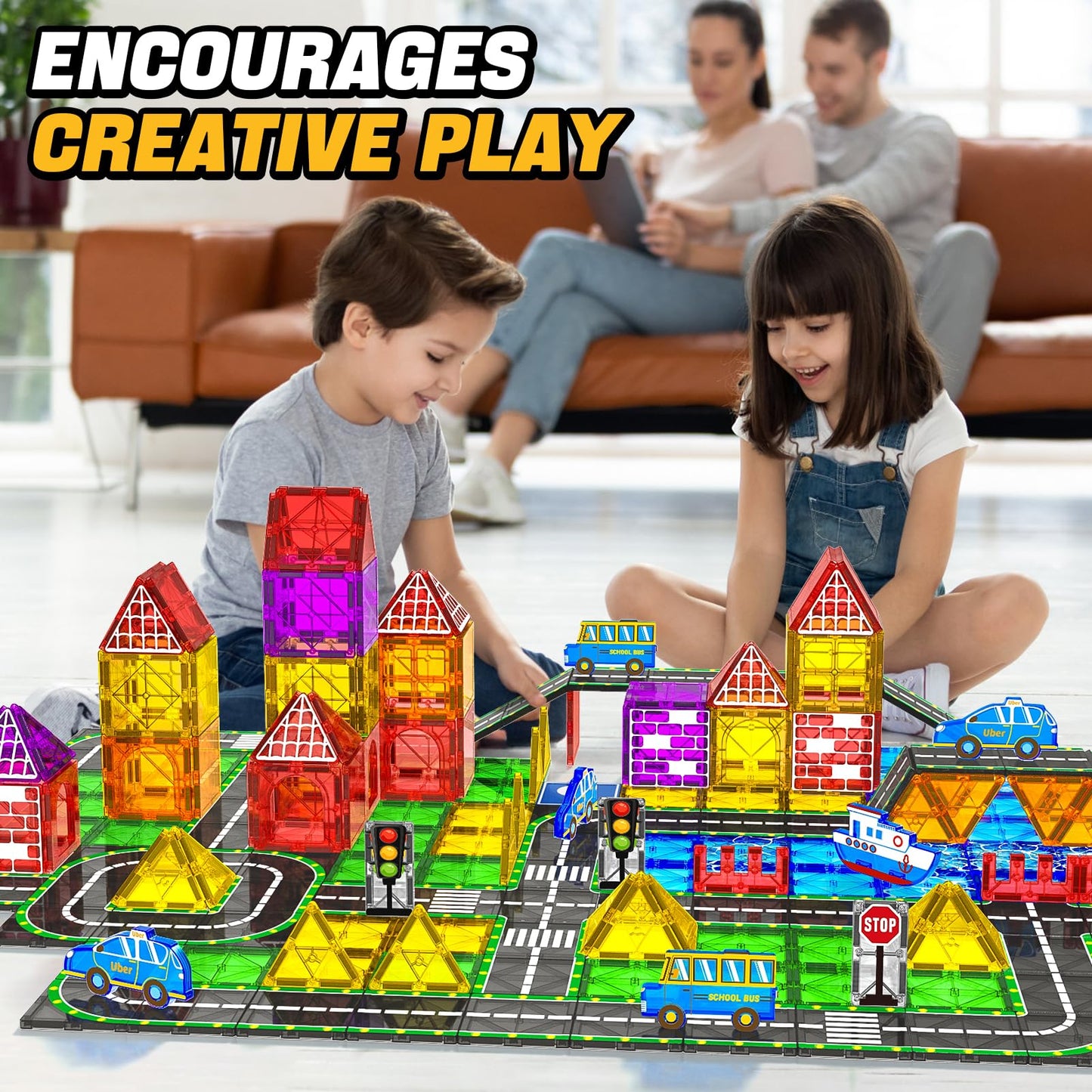 Magnetic Tiles Road Set With Car Magnet Building Tile Toys For Kids Ages 3-5 4-8 5-7 Magnetic Blocks Expansion Pack Stem Constru
