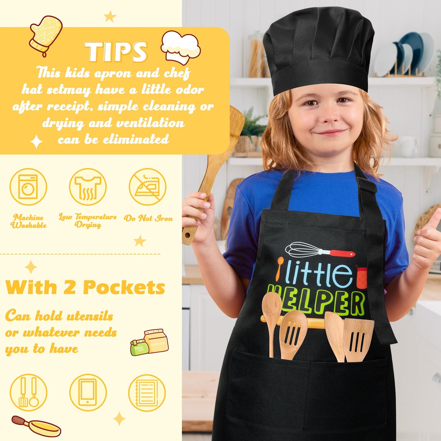 R HORSE 2Pcs Kid Apron and Chef Hat Set Adjustable Children Black Kitchen Apron Dress up Role Play Chef Toy Cooking Baking Paint