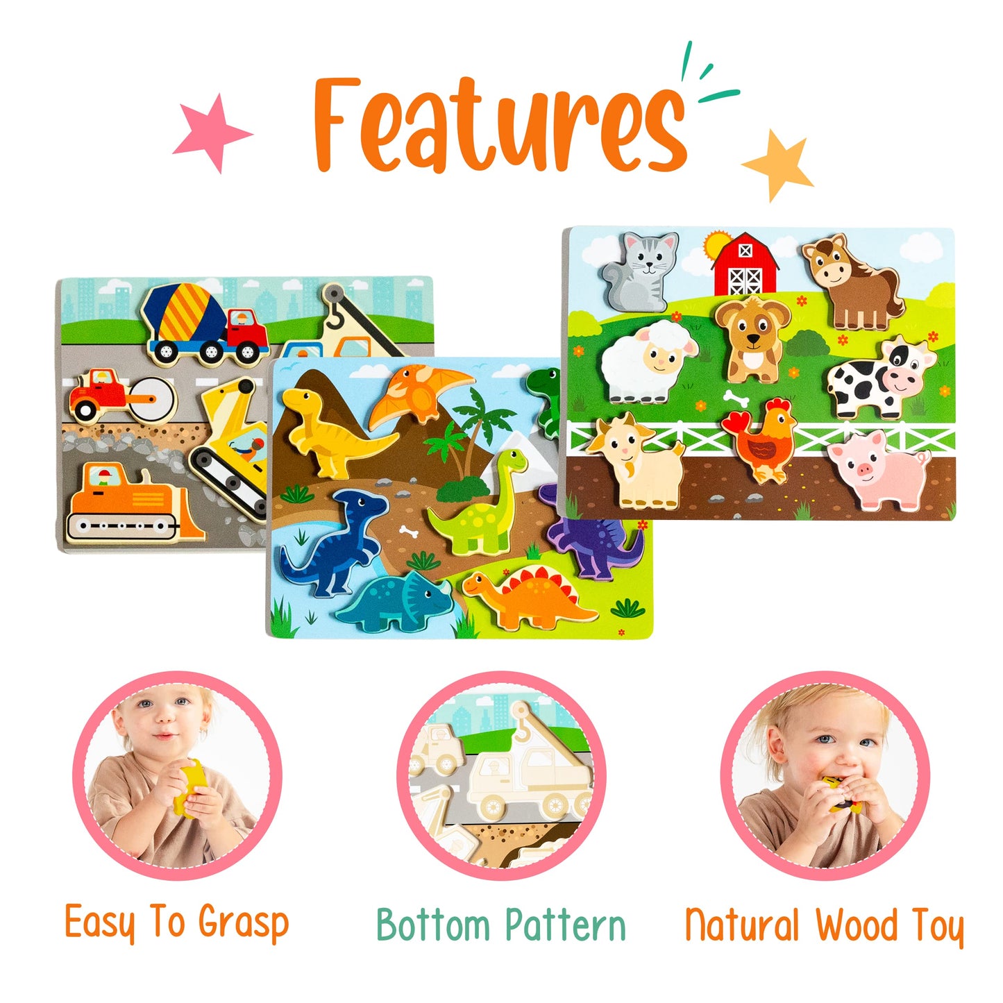 Klevly Large 3 Pk Wooden Toddler Puzzles Ages 2-4 | Wooden Puzzles For Toddlers 1-3 | Montessori Toys For 2 Year Old | Toddler T